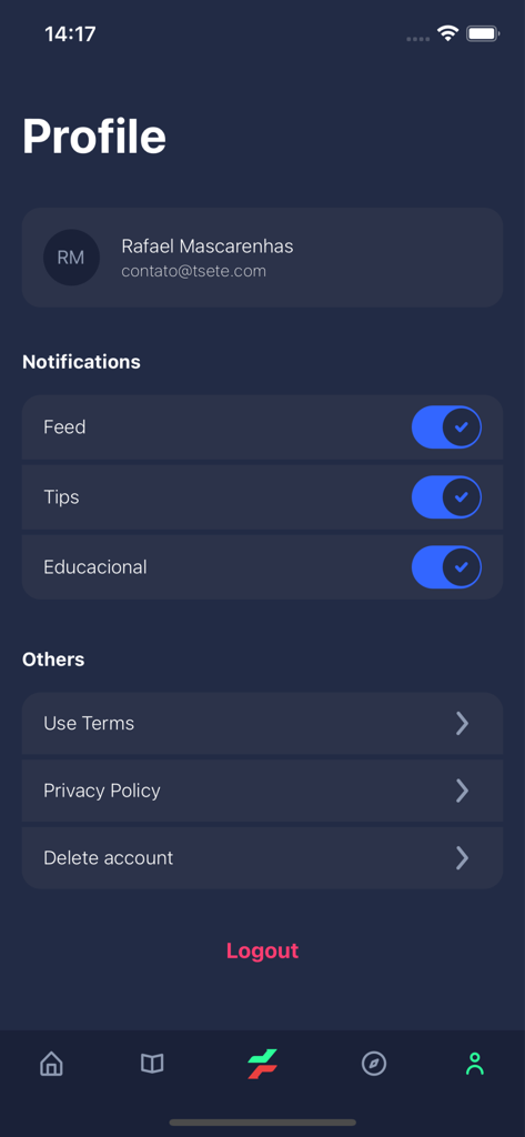 Pantalla de configuración de perfil y notificaciones en la aplicación de trading de forex Take Tips