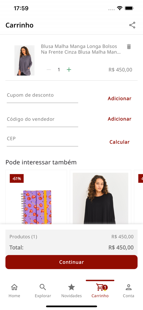 Pantalla del carrito de compras móvil de la aplicación Papel Craft mostrando un artículo de ropa en la cesta y productos de papelería recomendados.