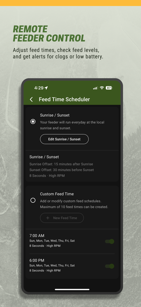 Moultrie - Smartphone screen showing the Moultrie app Feed Time Scheduler for managing hunting feeders remotely