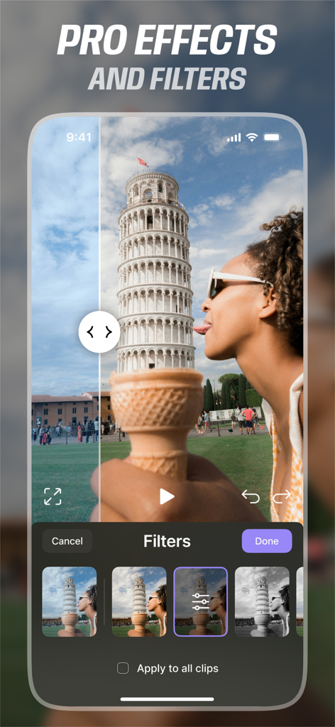 Vistory: Reels Video Editor - Mobile app interface of Vistory showing professional filters and effects for editing reels and photos.