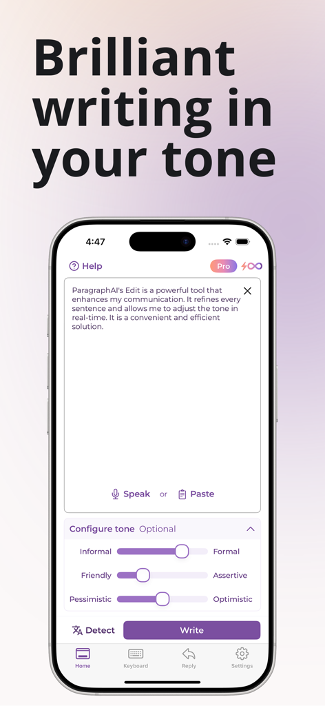 ParagraphAI app interface showing writing tone adjustment sliders for formal and friendly styles