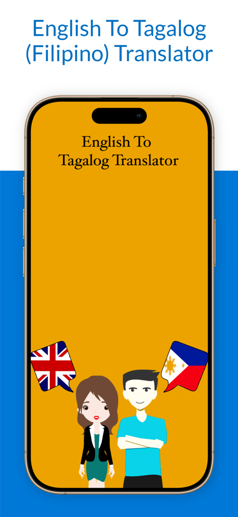 English To Tagalog Translation - Splash screen of the English to Tagalog Translation app showing cartoon characters with British and Philippine flags in speech bubbles.