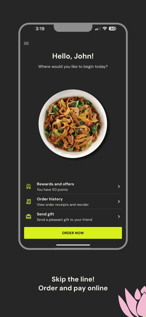 Pantalla de inicio de la aplicación móvil Thai Express Canadá con el botón de pedir ahora y resumen de recompensas