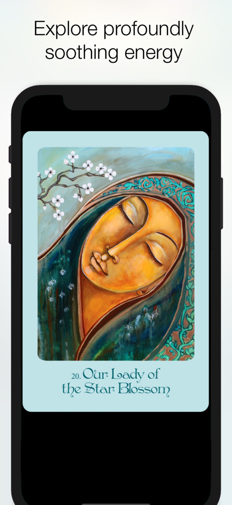 Mutter Maria Orakel App mit einer Karte mit dem Titel Unsere Liebe Frau der Sternblüte mit einer friedlichen künstlerischen Illustration