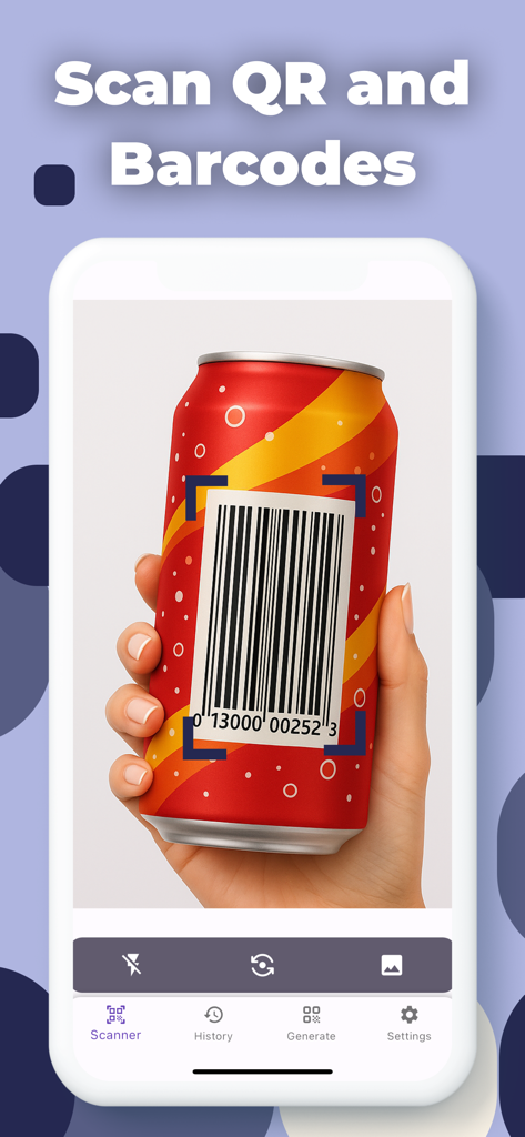 QR Code Reader App - ScanQR - Schermata dell'iPhone che mostra l'interfaccia dell'app ScanQR mentre scansiona un codice a barre su una lattina di soda rossa