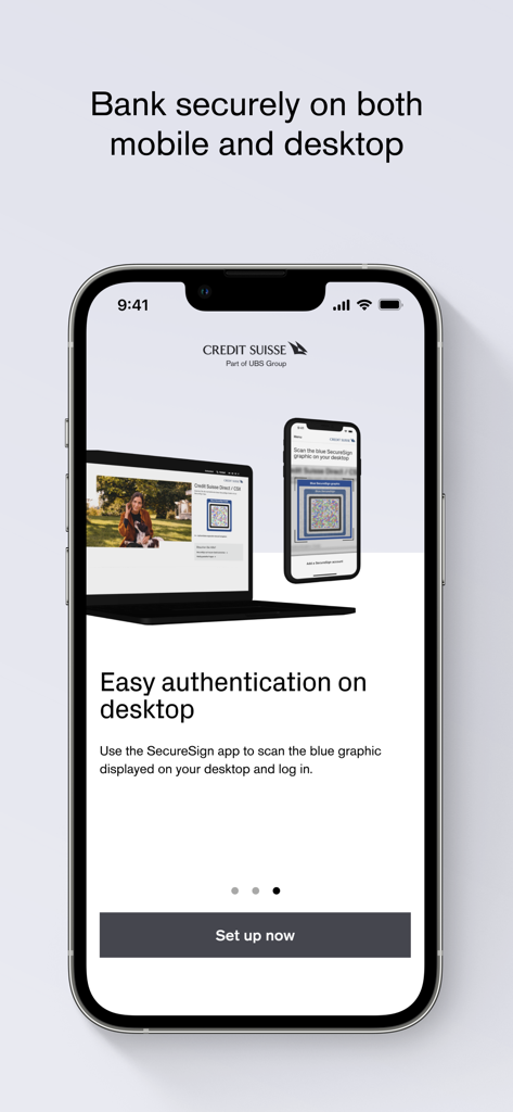 SecureSign by Credit Suisse app interface showing desktop authentication through scanning a security graphic.