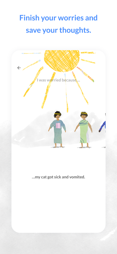 Worrydolls app screen showing a finished worry entry with hand drawn illustrations of dolls and a sun.