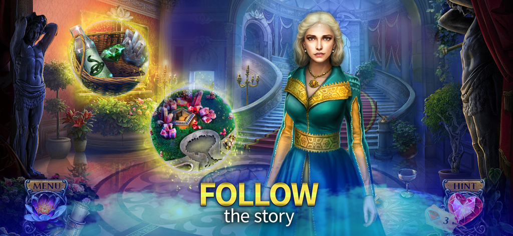 Black Lotus (F2P Adventure) - 青と金のドレスを着た女性がBlack Lotusアドベンチャーゲームの大邸宅のホールに立っています