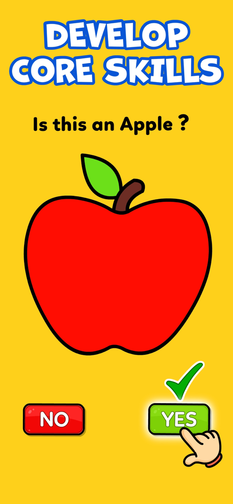 Kids Autism Games - AutiSpark - A screenshot of the AutiSpark app showing a visual learning game where a child identifies an apple with a Yes or No question.