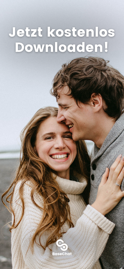 BaseChat - Audio Dating App - A happy young couple laughing and embracing, representing authentic connections on the BaseChat audio dating app.
