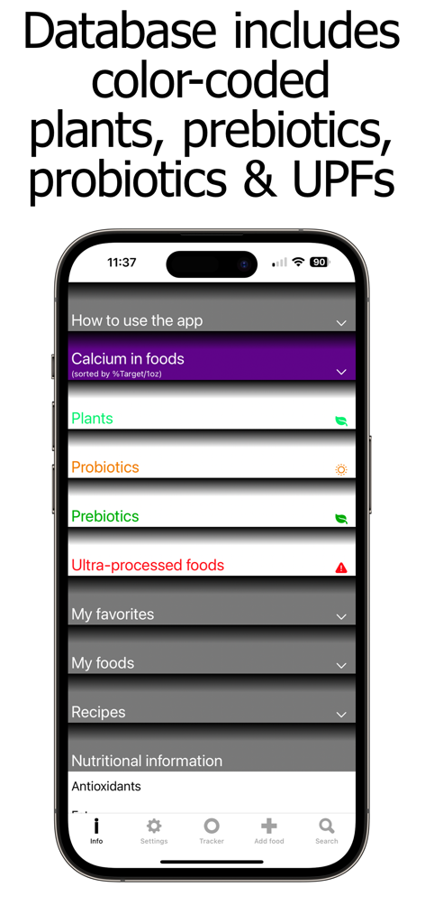 Calcium Counter and Tracker - Calcium Counter app interface showing color coded food database categories