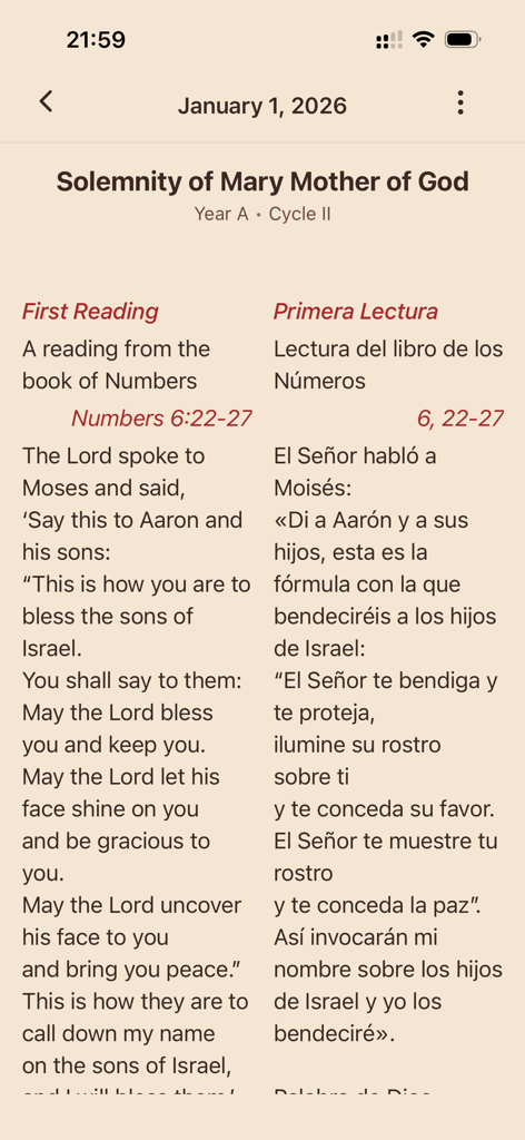 Bilingual English and Spanish Catholic Mass readings for the Solemnity of Mary Mother of God on the Live the Mass app.