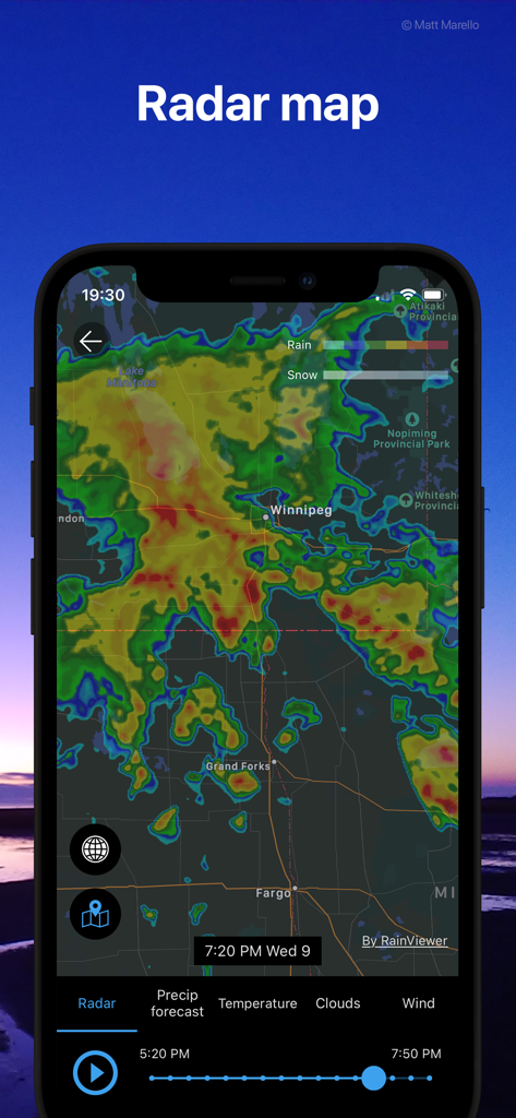 Interactive weather radar map showing precipitation levels on a smartphone screen.