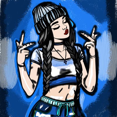 realistic teenage girl with braids and a beanie and crop top doing 🫶🏼