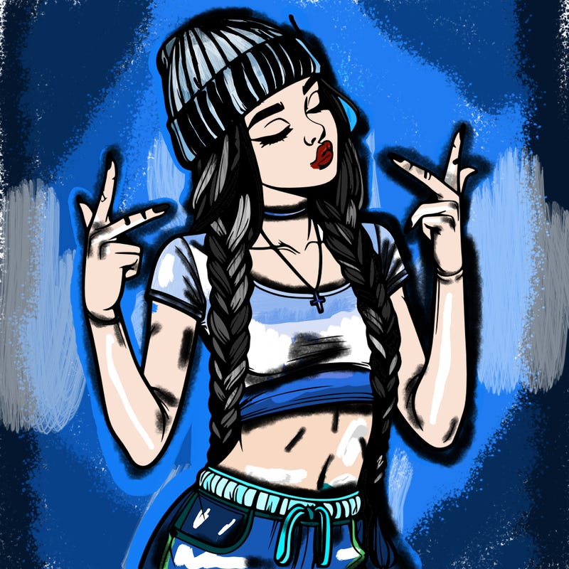 realistic teenage girl with braids and a beanie and crop top doing 🫶🏼