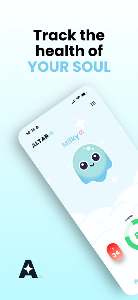 Altaria: AI Bible Soul Tracker - アルタリアアプリのインターフェースで、ソウルを表す「ミルキー」という名前の可愛い青いキャラクターと「あなたのソウルの健康を追跡」というテキストが表示されています。