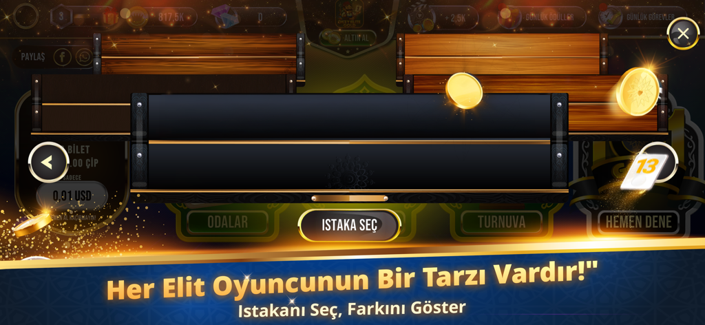 Okey Elite Gold - Okey Elite Gold mobile game menu for selecting a customized wooden cue with golden coins and Turkish text.