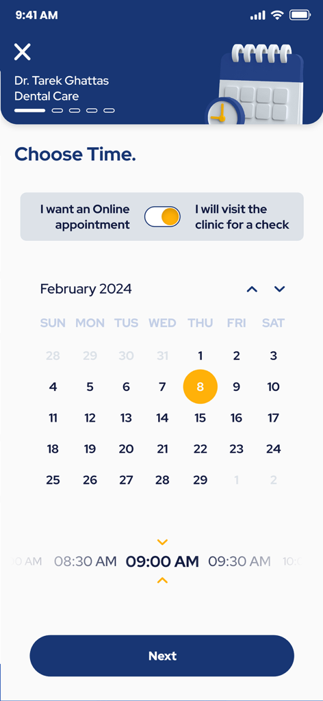 Med Quick - Med Quick app screen for scheduling a dental appointment with a calendar and time selector