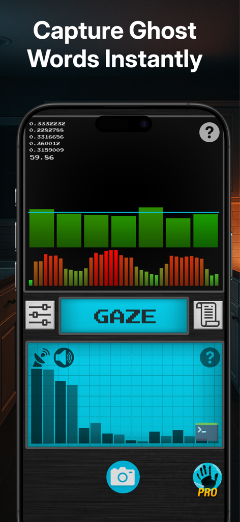 Smartphone interface of the Ghost Hunting Tools app showing paranormal signal graphs and a detected word display