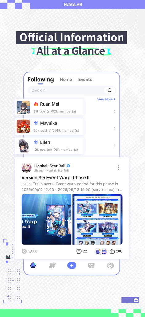 HoYoLAB - HoYoLAB app interface displaying official game news and character community topics