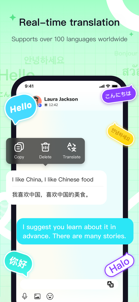YeeTalk app interface showing real-time translation of a chat message between English and Chinese