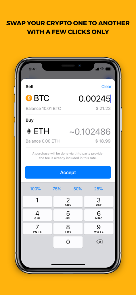 COINS: One App For Crypto - Screenshot of the COINS app interface for swapping Bitcoin to Ethereum.
