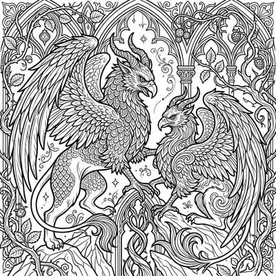 Unleash your creativity with this stunning Gothic Eastern Griffins coloring page, featuring two majestic creatures amidst an intricately detailed, mysterious backdrop. Perfect for adult colorists seeking a challenge and a touch of dark fantasy.