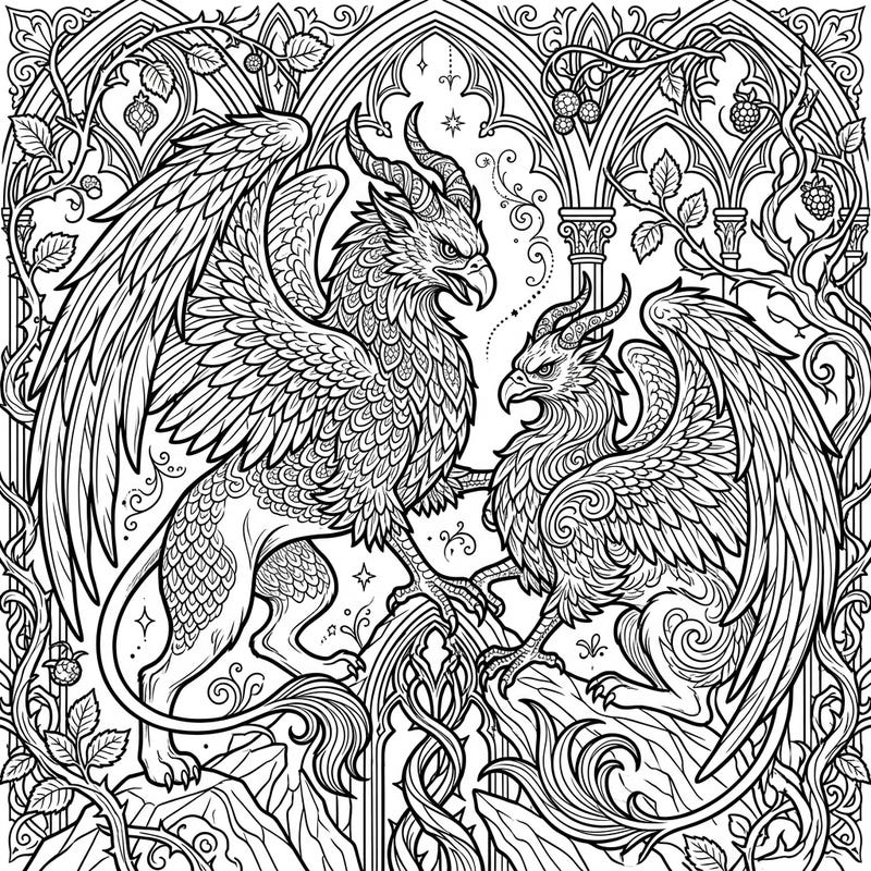 Unleash your creativity with this stunning Gothic Eastern Griffins coloring page, featuring two majestic creatures amidst an intricately detailed, mysterious backdrop. Perfect for adult colorists seeking a challenge and a touch of dark fantasy.