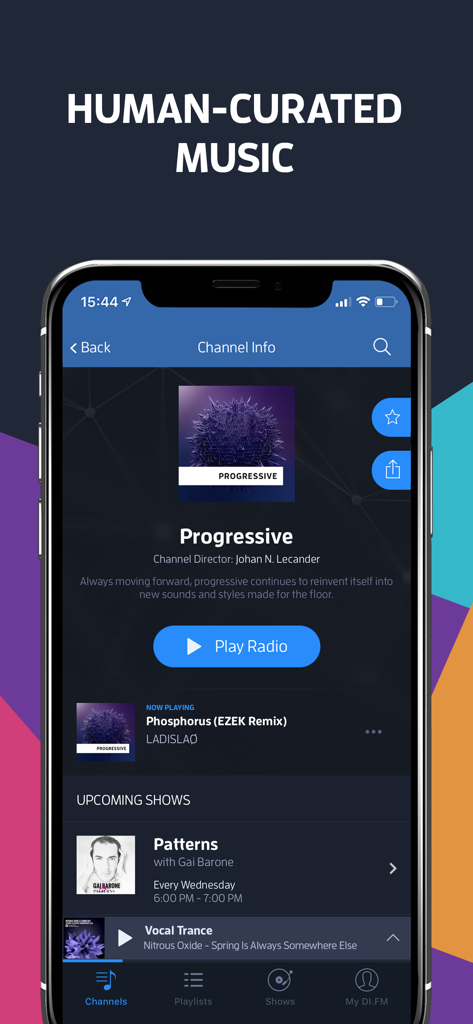 DI.FM mobile app interface showcasing human curated progressive music and upcoming dj shows