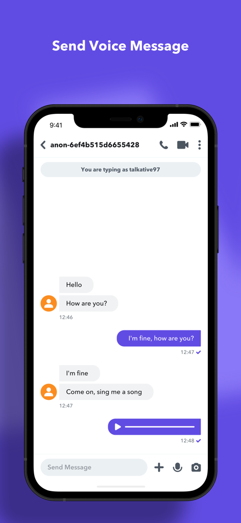 Interface do aplicativo Chat Anônimo e Diversão mostrando uma conversa de chat com uma barra de reprodução de mensagem de voz ativa.