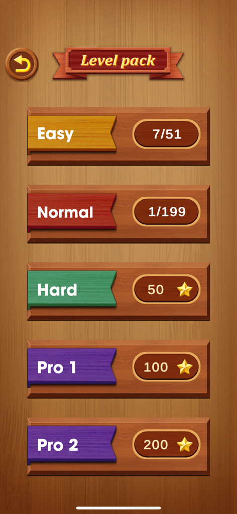Block Escape : Unblock Sliding - Level pack selection menu for Block Escape showing difficulty settings from Easy to Pro