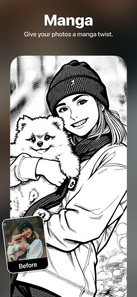 Cartoonizer: AI Cartoon Maker - AI manga filter applied to a photo of a woman and her dog showing a before and after comparison