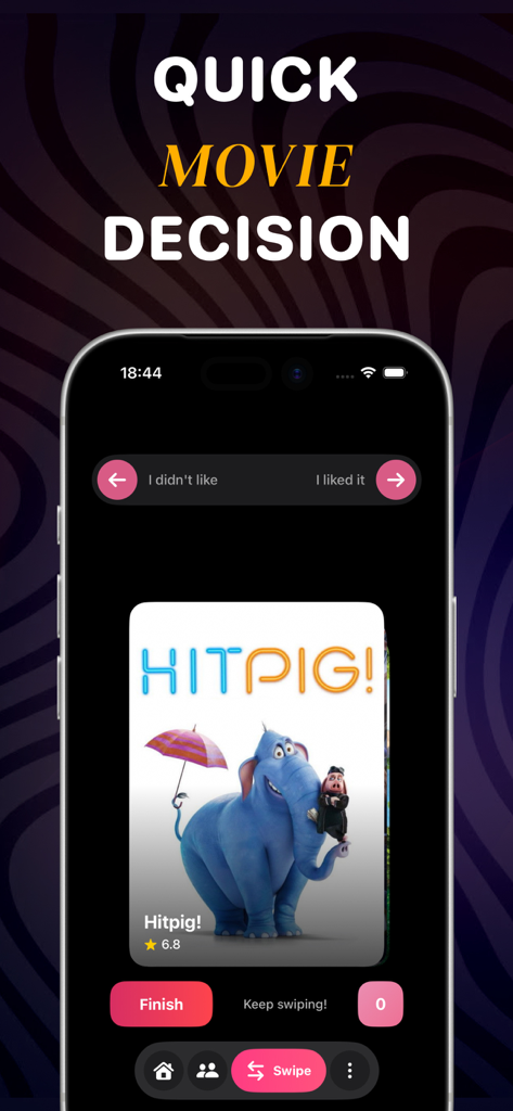 Interface de l'application Streamex montrant une fonction de balayage pour décider rapidement des films comme Hitpig
