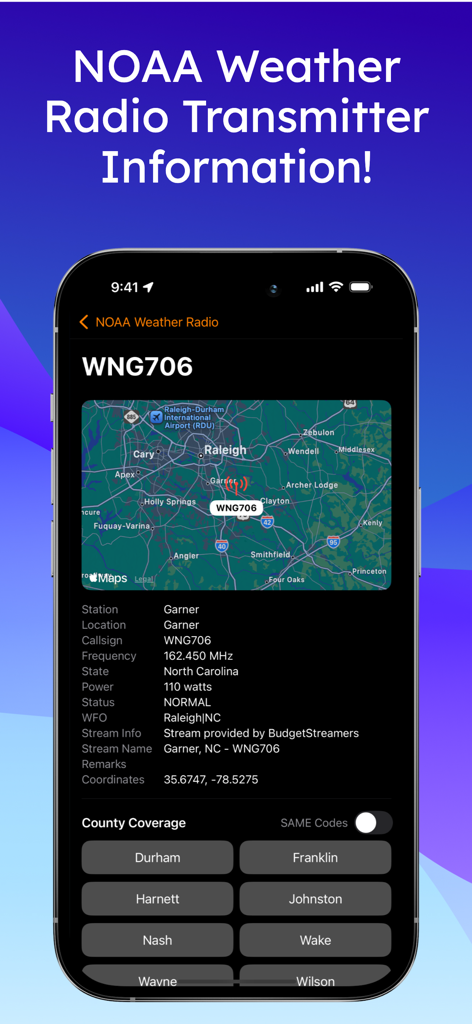 AlerWX - Pantalla de la aplicación AlerWX que muestra información detallada del transmisor de radio meteorológica de la NOAA para Raleigh, Carolina del Norte, incluida la frecuencia y el mapa de cobertura del condado