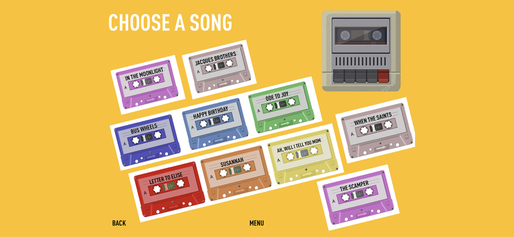 PLAYnJAM - Pantalla de selección de canciones de PLAYnJAM con casetes coloridos para niños