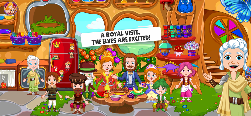 A group of royalty and elf characters gathering for a royal visit in a magical treehouse room