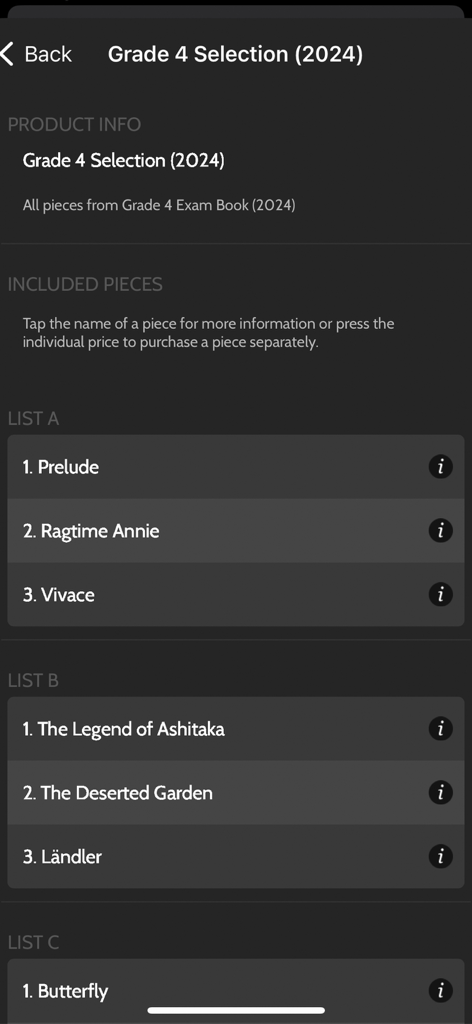 ABRSM Violin Practice Partner - List of Grade 4 violin exam pieces for 2024 selection including Prelude and Ragtime Annie in the ABRSM Violin Practice Partner app