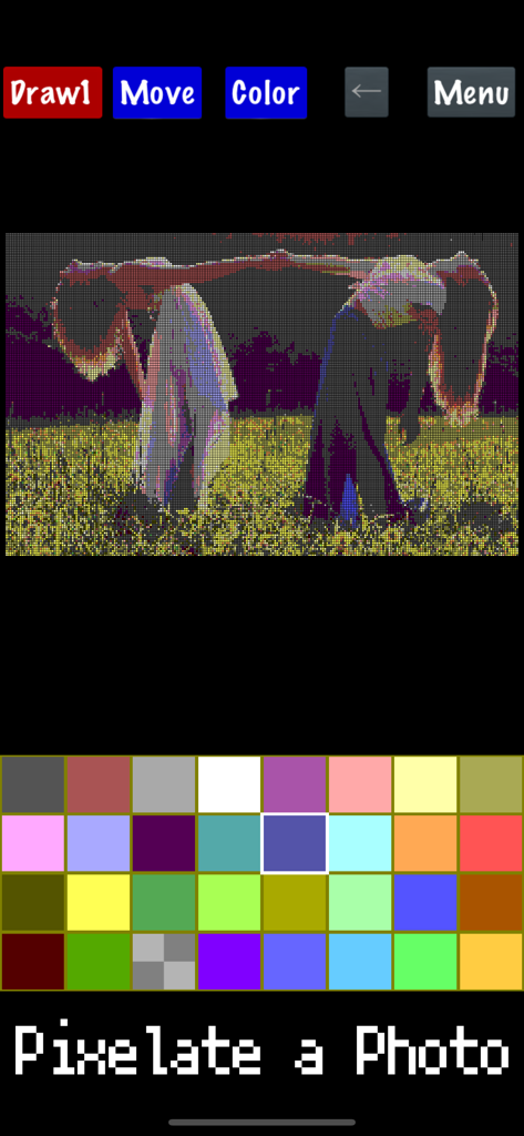 Pixel Art Maker - Interface do aplicativo Pixel Art Maker mostrando uma fotografia pixelada e uma paleta de cores.