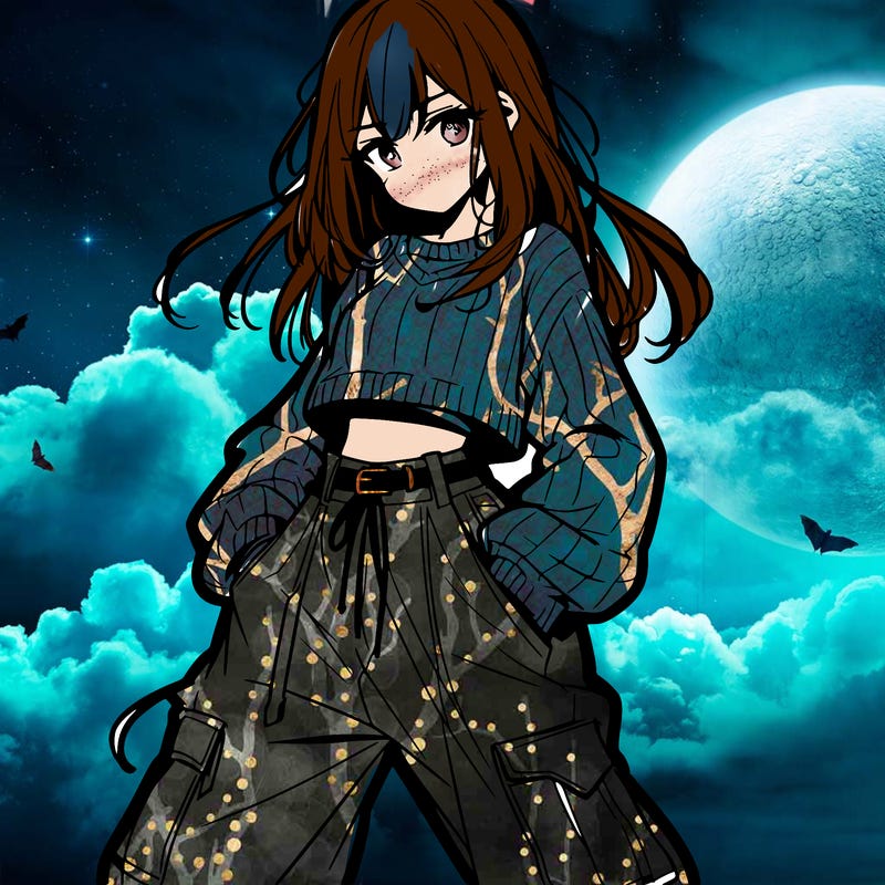 anime teen girl with baggy pants and crop top with sweater