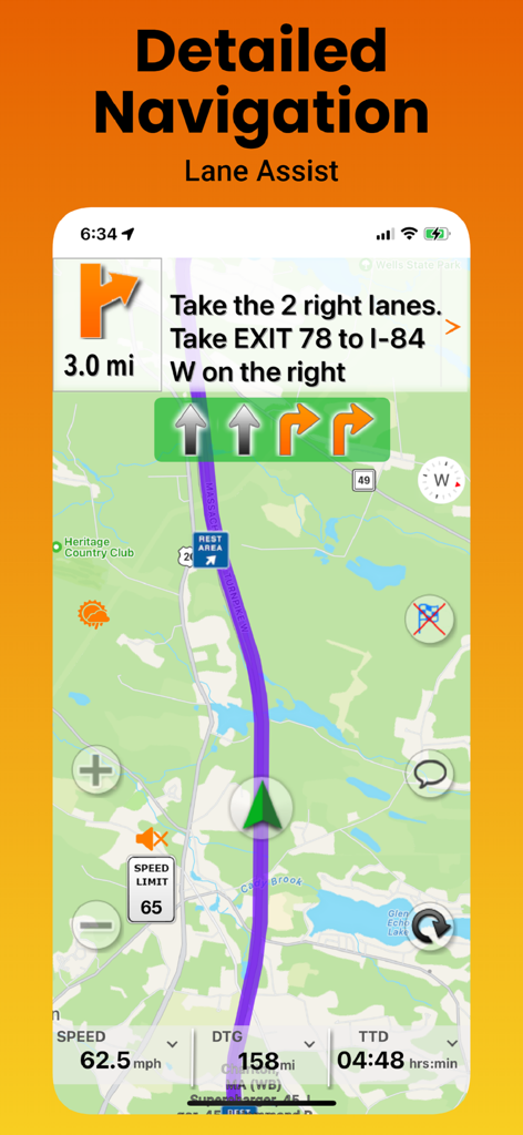 SmartTruckRoute app interface showing detailed truck navigation with lane assist and highway exit guidance