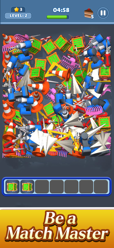 Gameplay screenshot of Match 3D Box showing a variety of 3D objects like drills and cones piled up for sorting and matching