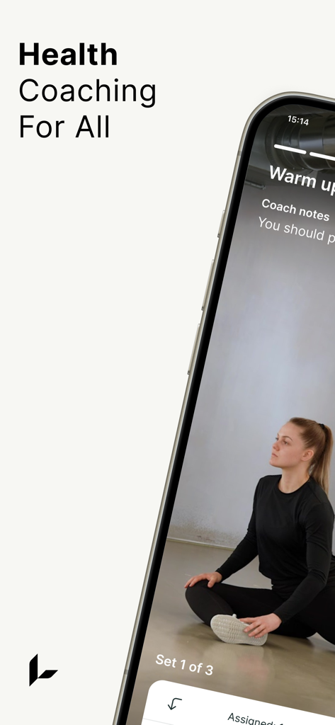 A smartphone showing the Lenus eHealth app with a woman performing a warm up exercise and personalized coach notes.