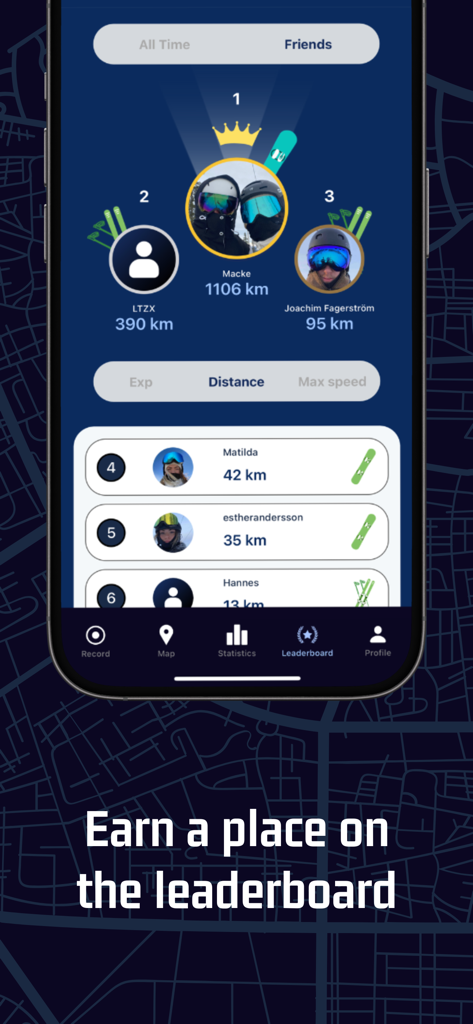 Ski & Snowboard - iSlope - A social leaderboard in the iSlope app comparing skiing distances among friends.
