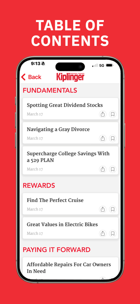 Inhaltsverzeichnisbildschirm in der Kiplinger Personal Finance App mit Artikeln über Dividendenaktien und Finanzplanung.