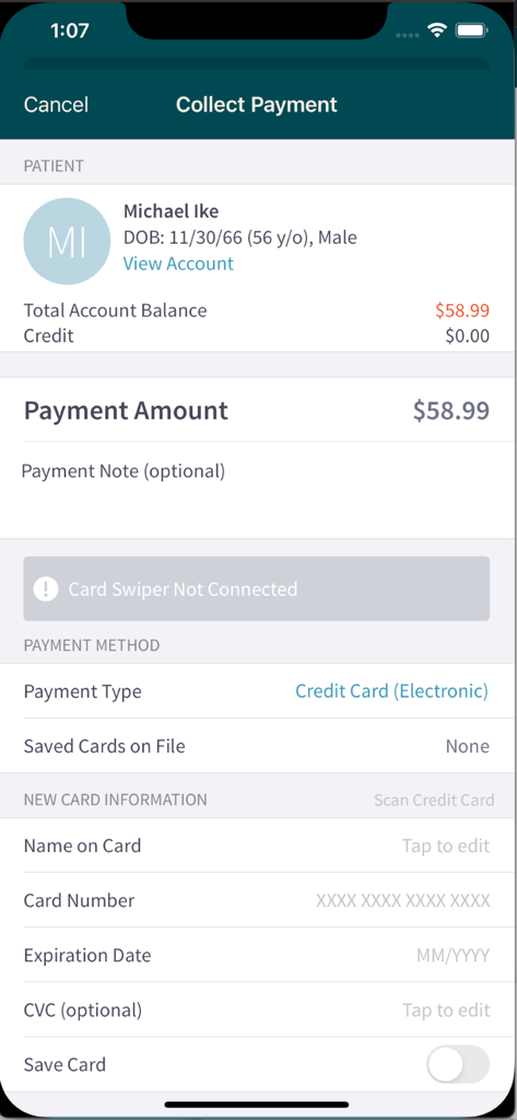 Tebra EHR, PM, Billing (Kareo) - Mobile interface of Tebra EHR showing the collect payment screen for a medical practice