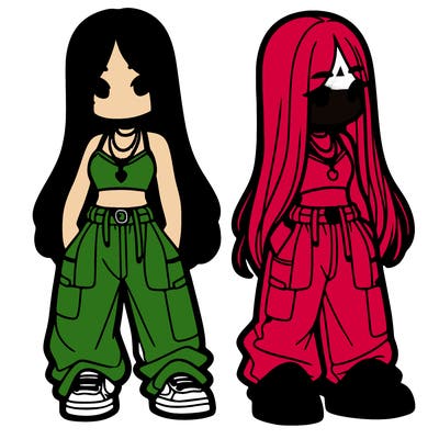 girl in baggy pants crop top and long hair