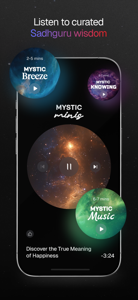 A mobile app interface titled Mystic Minis featuring curated audio wisdom and meditation tracks by Sadhguru with a celestial background.