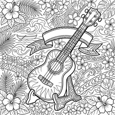 Harmonize with nature and music on this delightful ukulele coloring page, crafted with clear lines for seniors. Explore a vibrant tropical scene, perfect for a relaxing and engaging artistic experience.