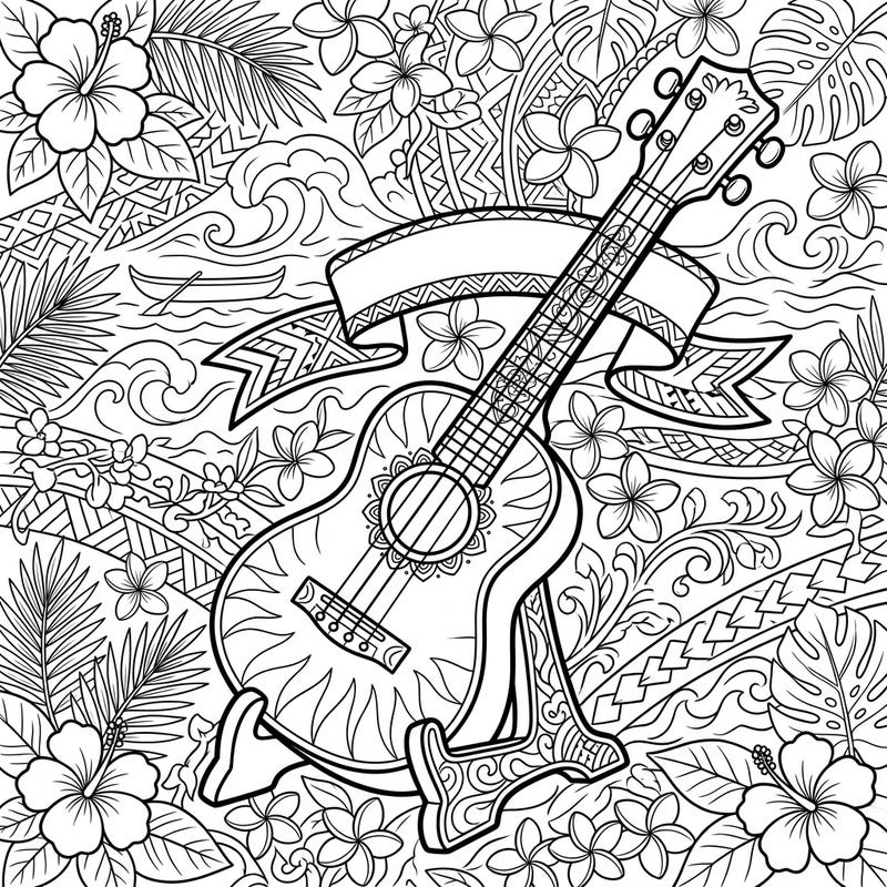 Harmonize with nature and music on this delightful ukulele coloring page, crafted with clear lines for seniors. Explore a vibrant tropical scene, perfect for a relaxing and engaging artistic experience.