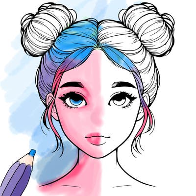 realistic girl with two buns on top of her head